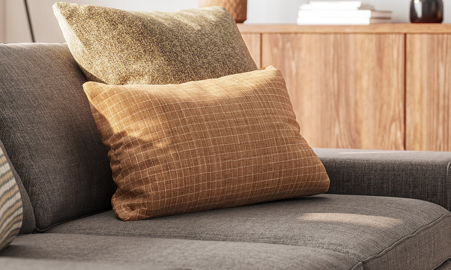 IRL: Shown in Mahonia Pewter fabric, Voya Side Table, Sino Coffee Table, Emilia 4-Door Credenza, Lulu & Judge Throw Pillows