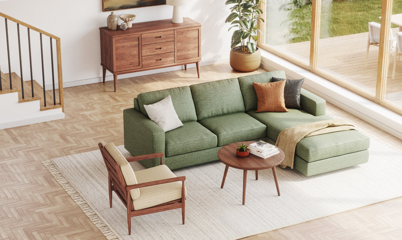 IRL: Rio Chaise Right Sectional in Juneberry Tarragon fabric with Voya Coffee Table in walnut wood
