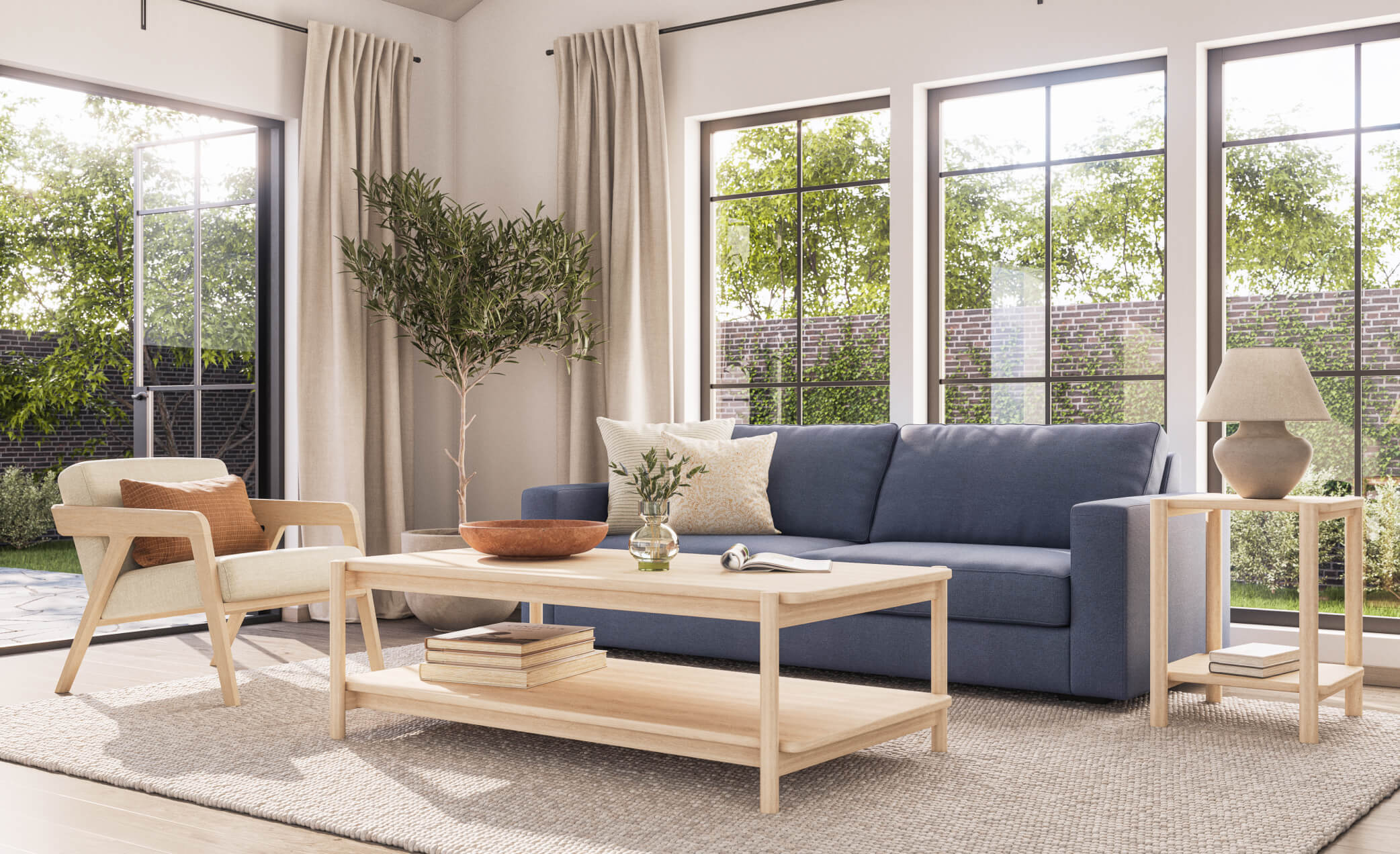 IRL: Iris Rectangular Coffee Table in Maple with Rio Sofa in Texture French Blue fabric and Maple Burr Chair in Deluxe Nougat fabric