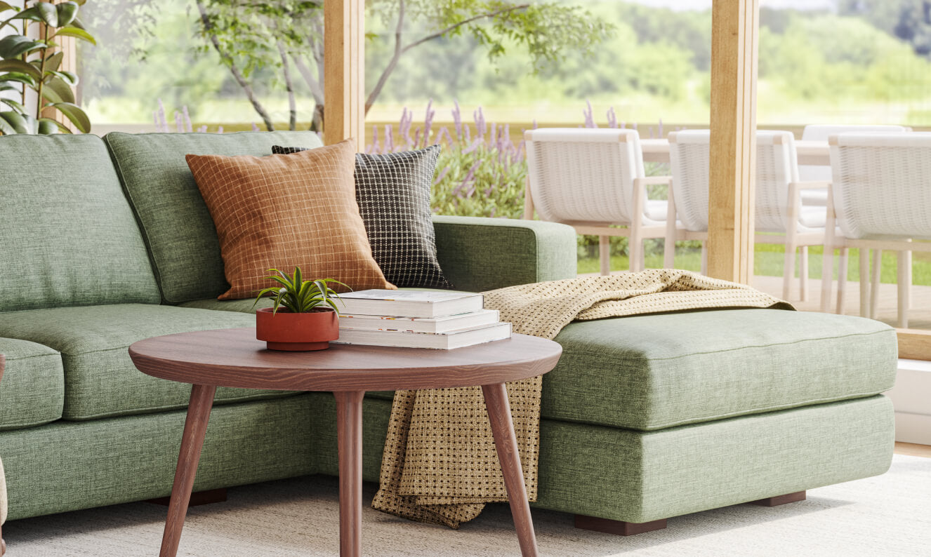 IRL: Rio Chaise Right Sectional in Juneberry Tarragon fabric with the Voya Coffee Table in walnut wood