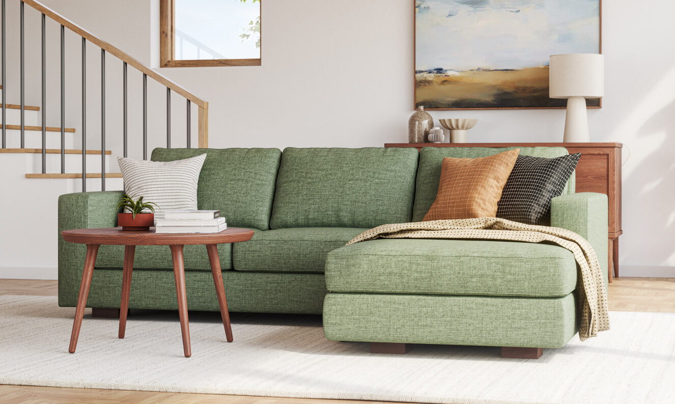IRL: Rio Chaise Right Sectional in Juneberry Tarragon fabric with Voya Coffee Table in walnut wood