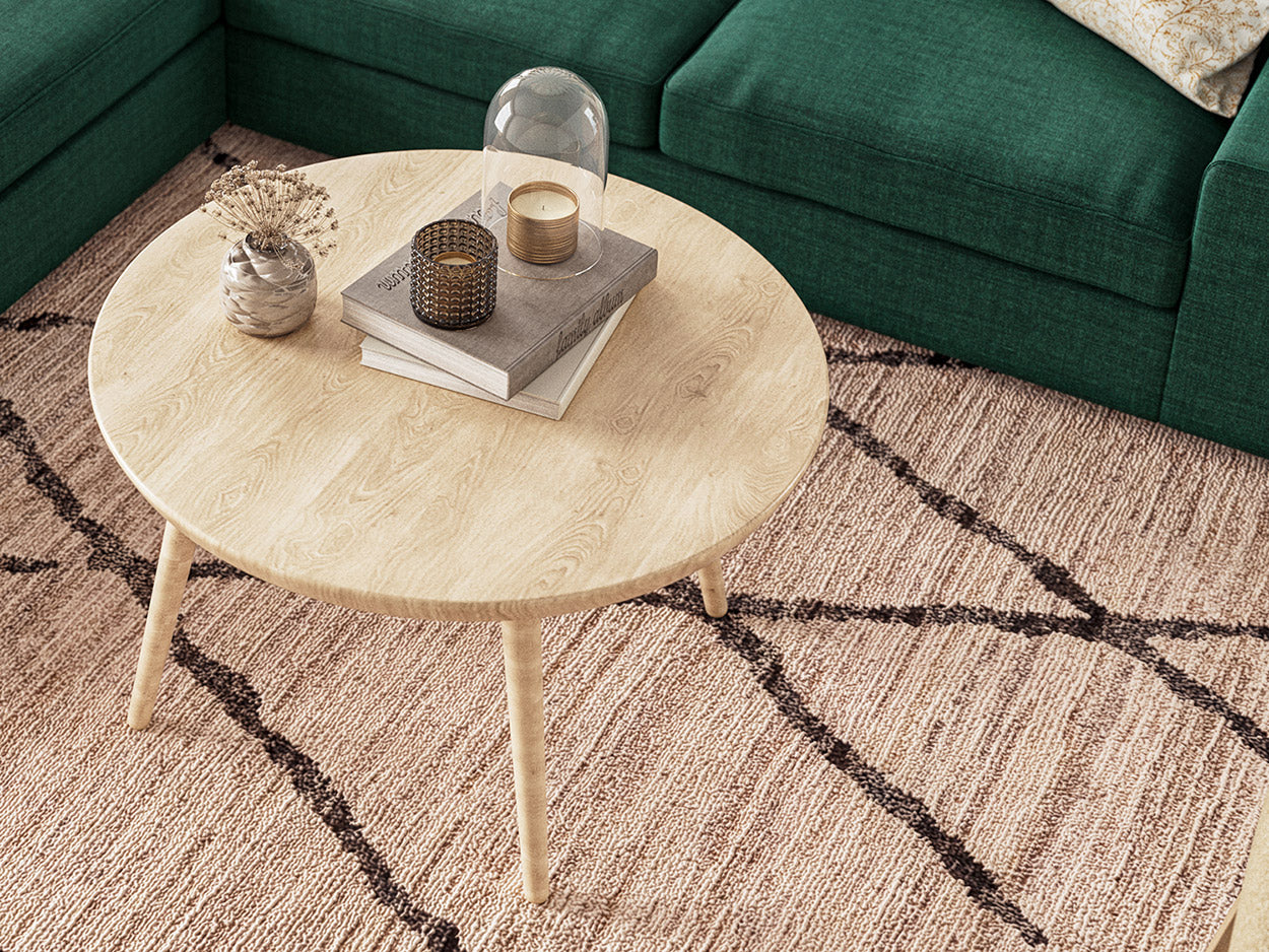 Shown in Maple wood with the Blumen Bumper Sectional in Deluxe Petrol fabric