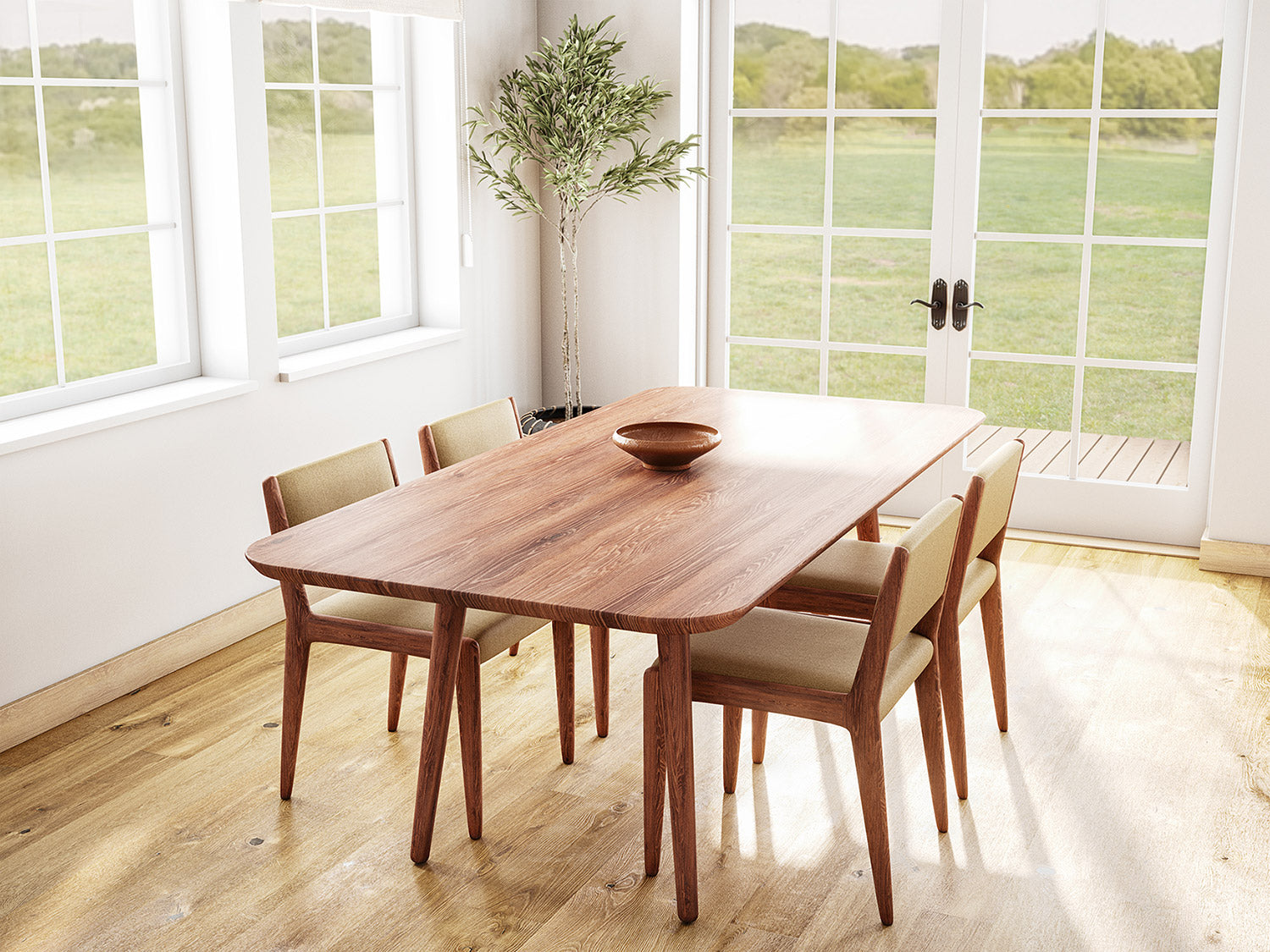 G: Low back version in walnut wood and Smart Wheat fabric with the Voya Rectangular Dining Table in walnut wood