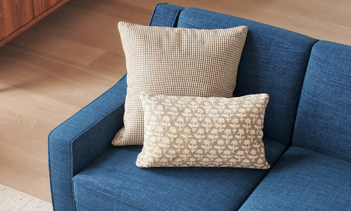 IRL: Zavis Sofa in Mahonia Denim fabric with Lulu & Judge Throw Pillows
