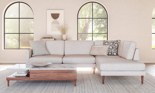 IRL: Lala Bumper Right Sectional in Larkspur Pearl fabric and Thom Cafe Leg, shown with Sino Coffee Table in Walnut