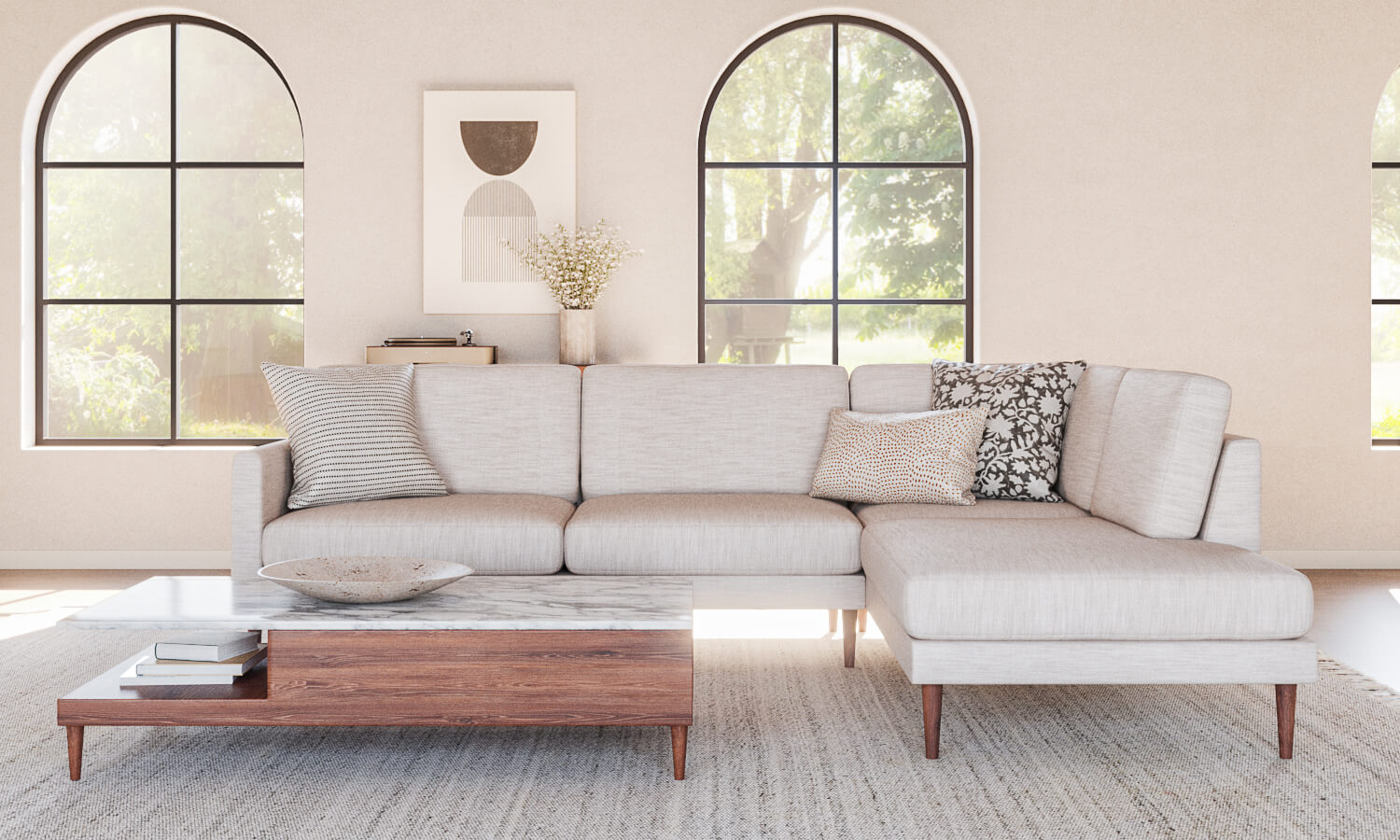 Shown in Walnut wood with Lala Bumper Sectional in New Delhi Bleach fabric