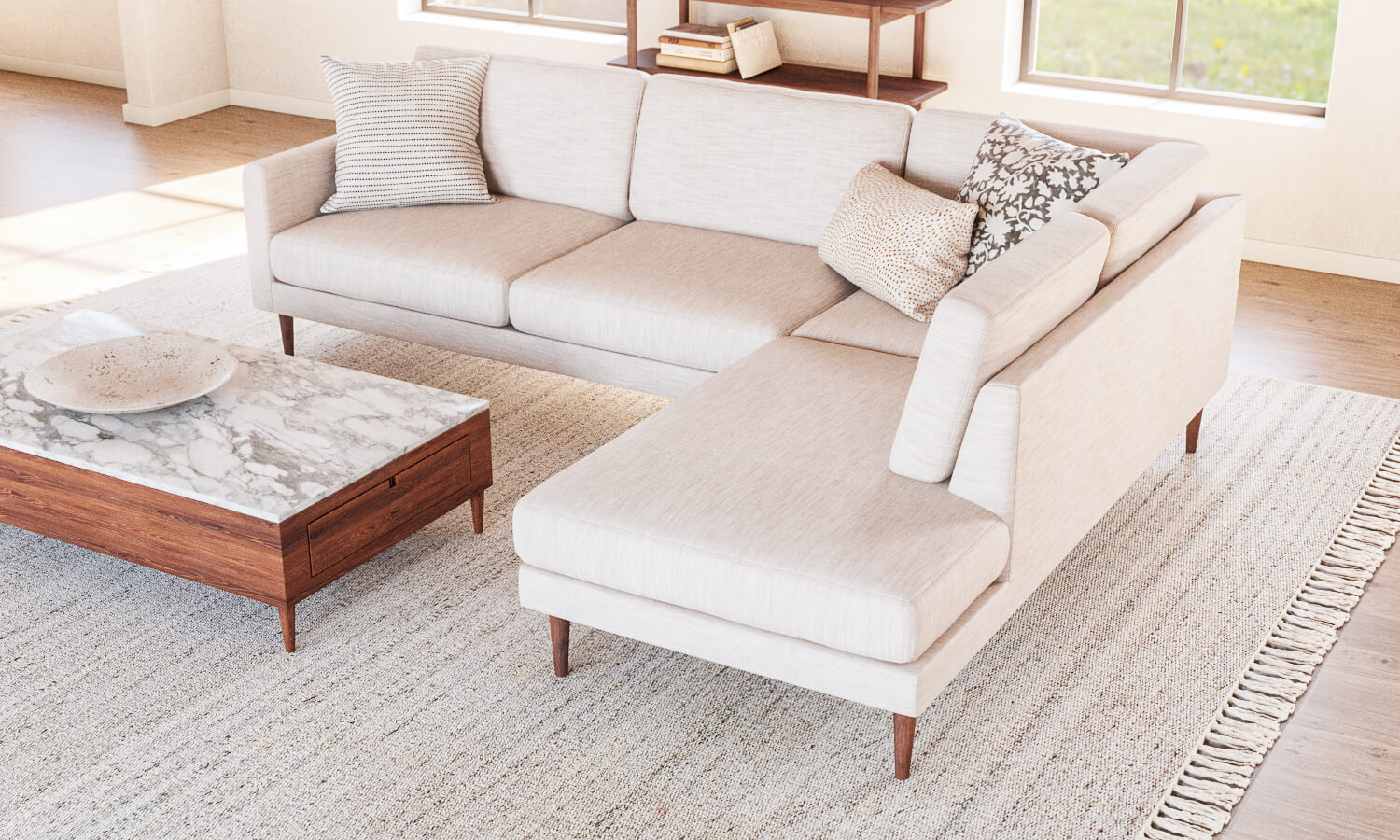 IRL: Lala Bumper Right Sectional in Larkspur Pearl fabric and Thom Cafe Leg, shown with Sino Coffee Table.