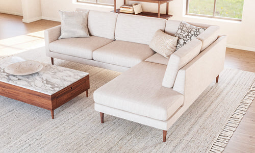 IRL: Lala Bumper Right Sectional in Larkspur Pearl fabric and Thom Cafe Leg, shown with Sino Coffee Table.