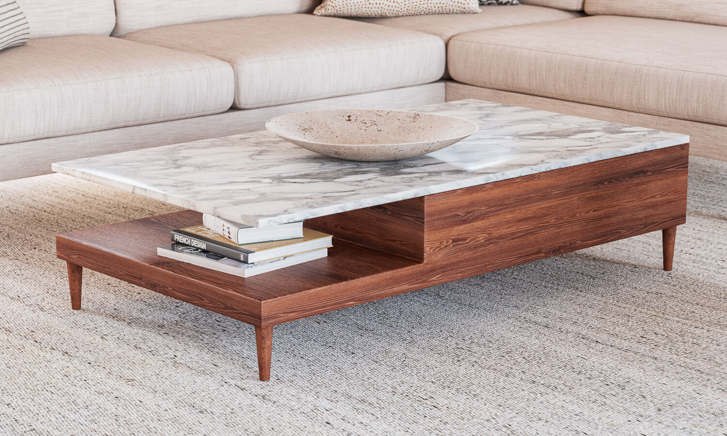 Shown in Walnut wood with Lala Bumper Sectional in New Delhi Bleach fabric