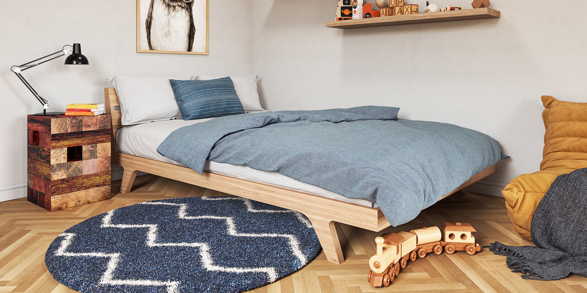 IRL: Twin Palder Bed shown in solid maple with the Koper Tall Side Table