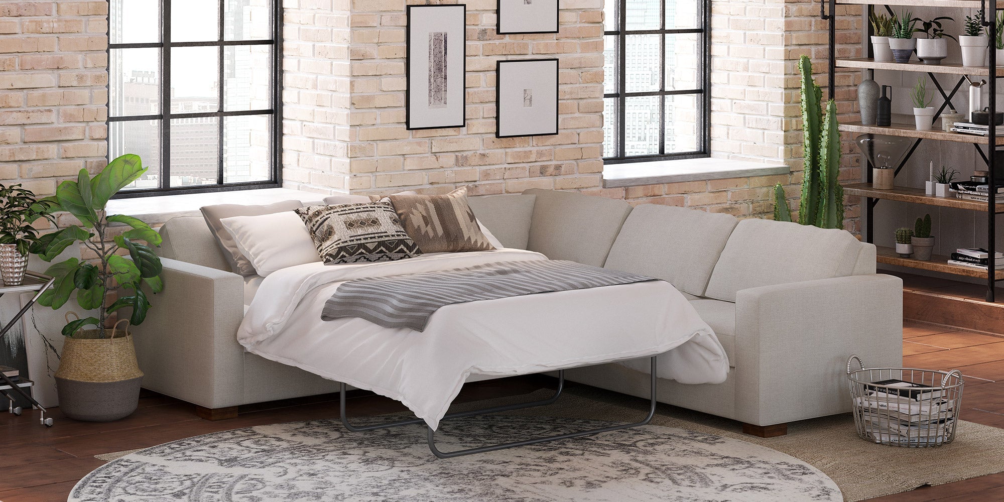 IRL: Rio Corner Queen Sleeper Sectional, shown here in Texture Oyster fabric and Dave Cafe legs.