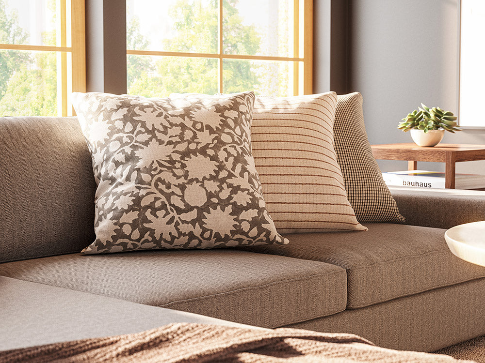 Shown in Melton Feather fabric with Lulu Throw pillows.