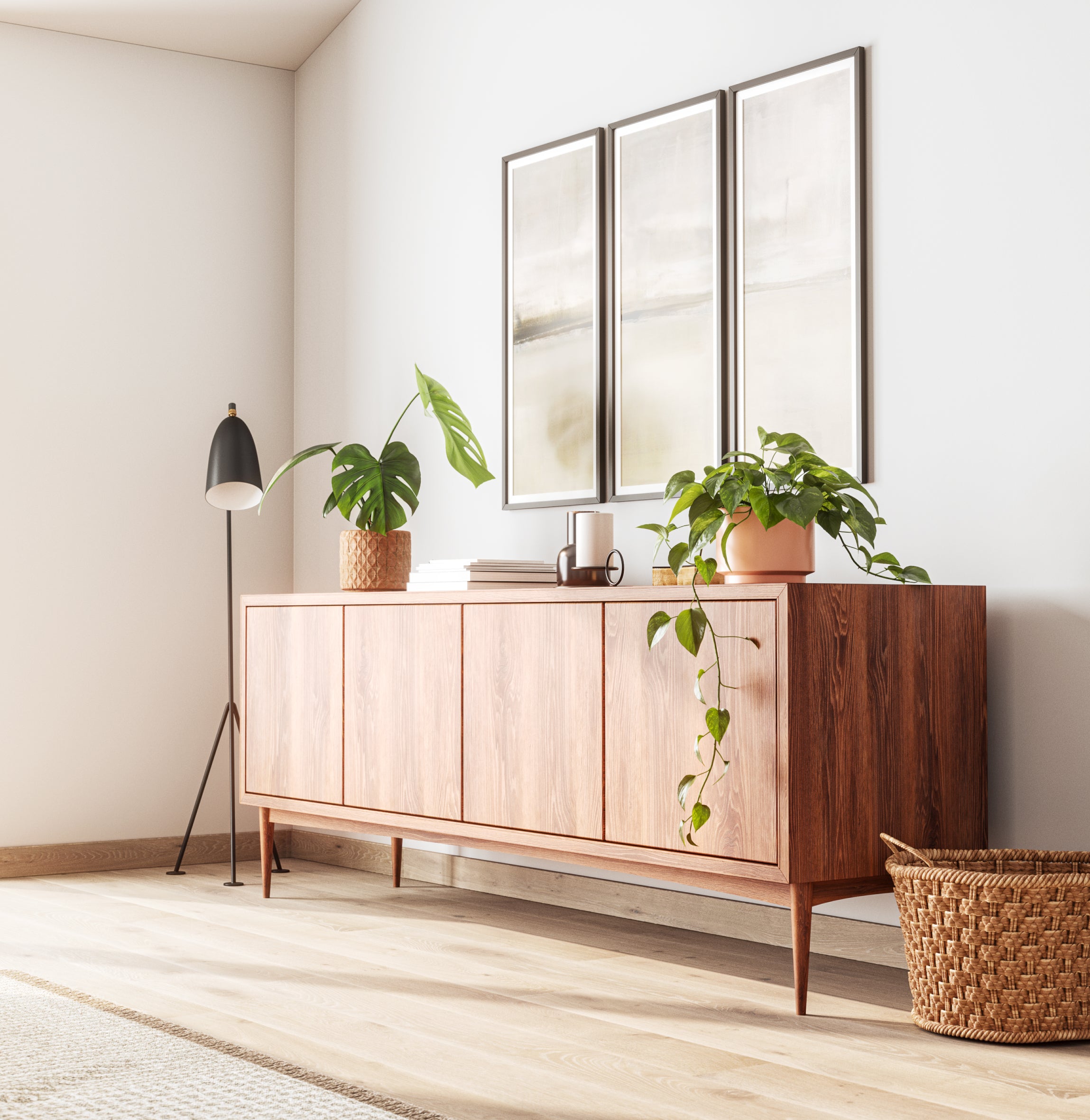 Emilia 4-door credenza in walnut with plants and baskets