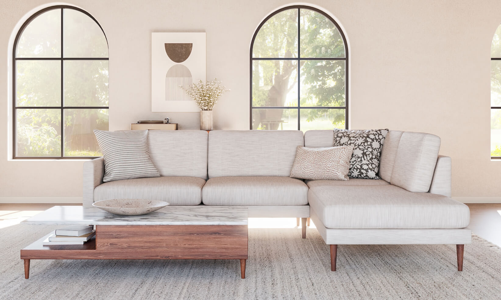 White Lala Bumper Sectional with walnut sino coffee table