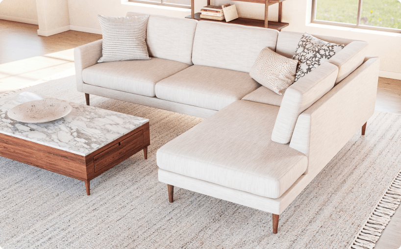 white lala bumper sectional with walnut silo coffee table