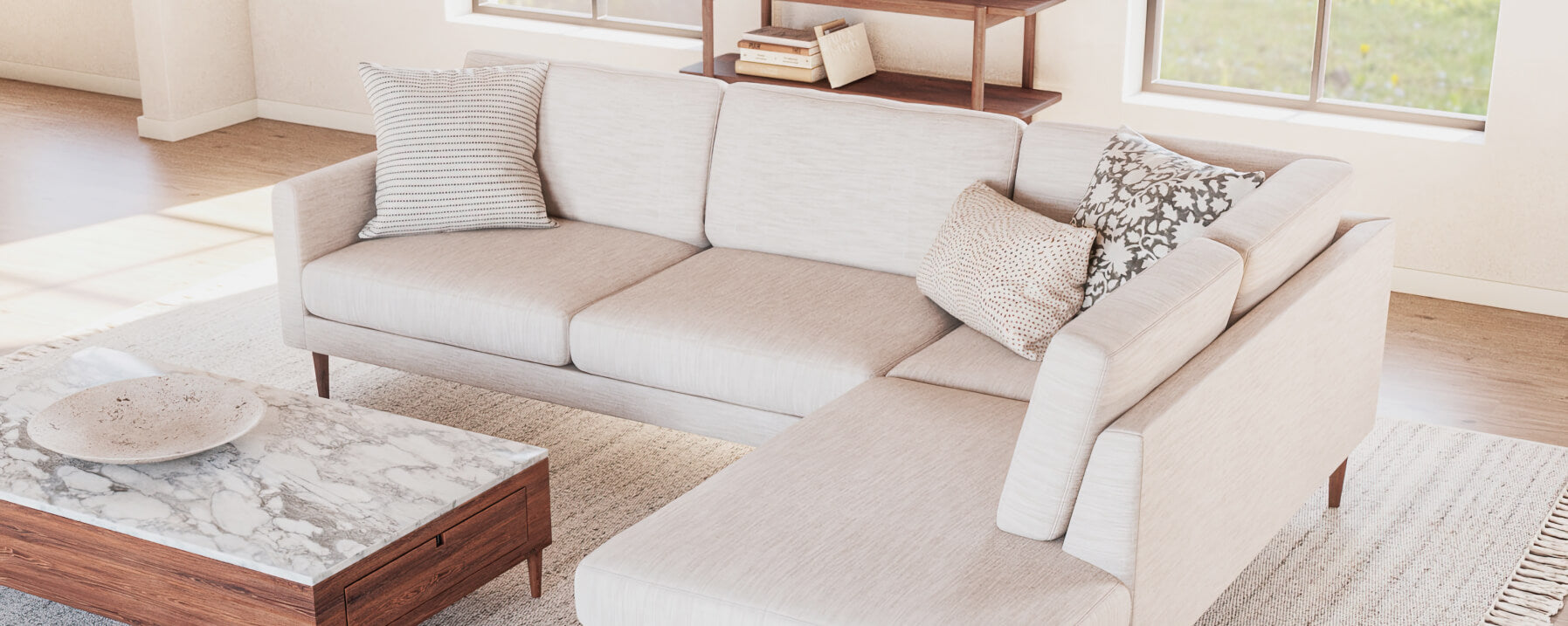 White Lala Bumper Sectional with walnut sino coffee table