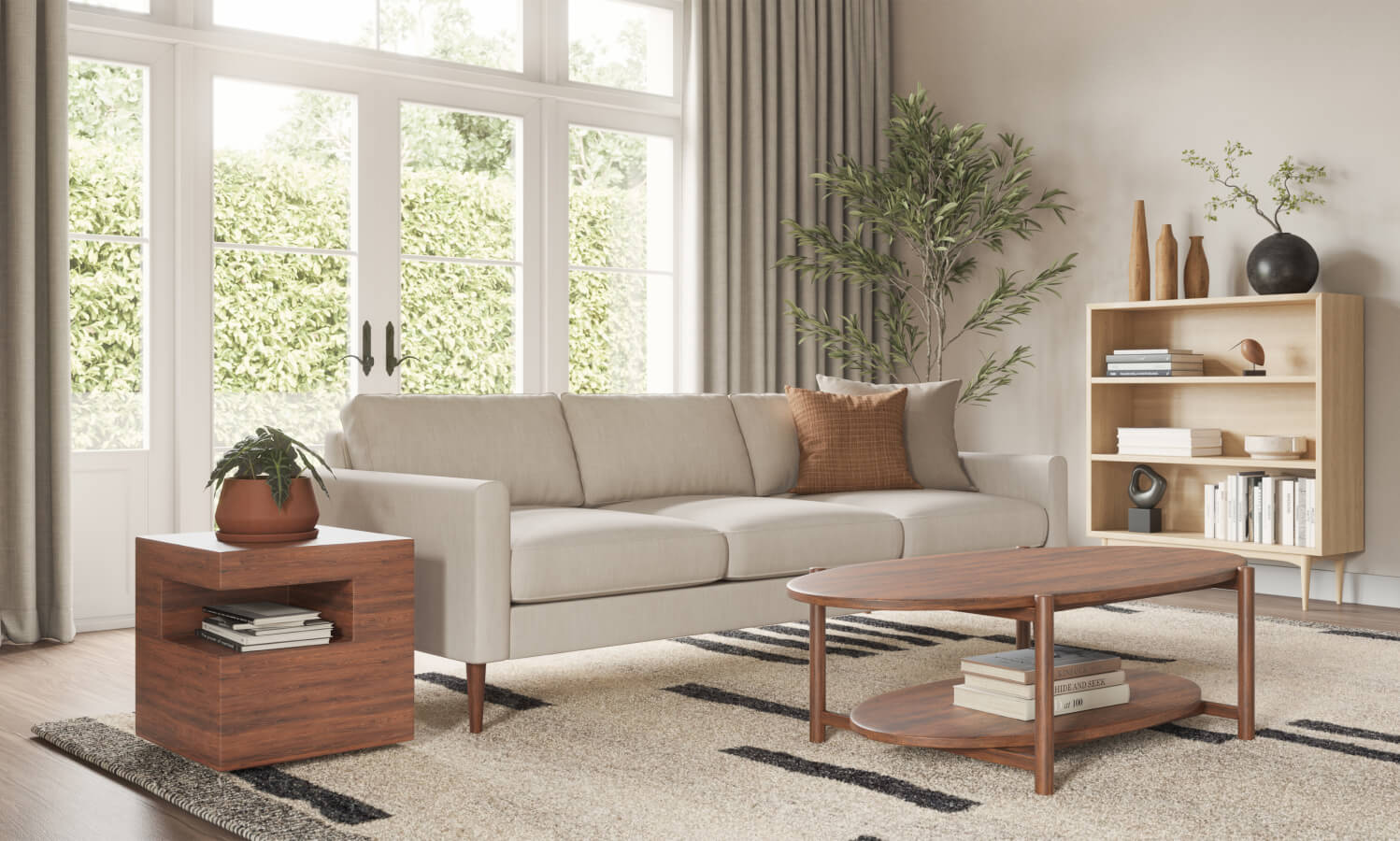 IRL: Shown in Maple wood with beige Lala Sofa