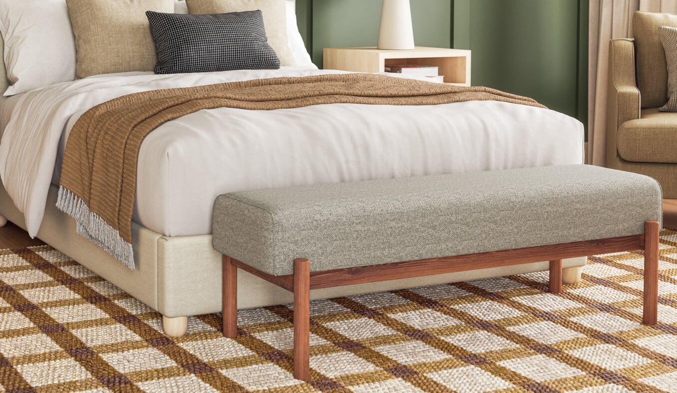 IRL: Shown in Melton Feather fabric with the Pippen Bed, Walt Dresser, Meera Chair, and Atten Nightstands