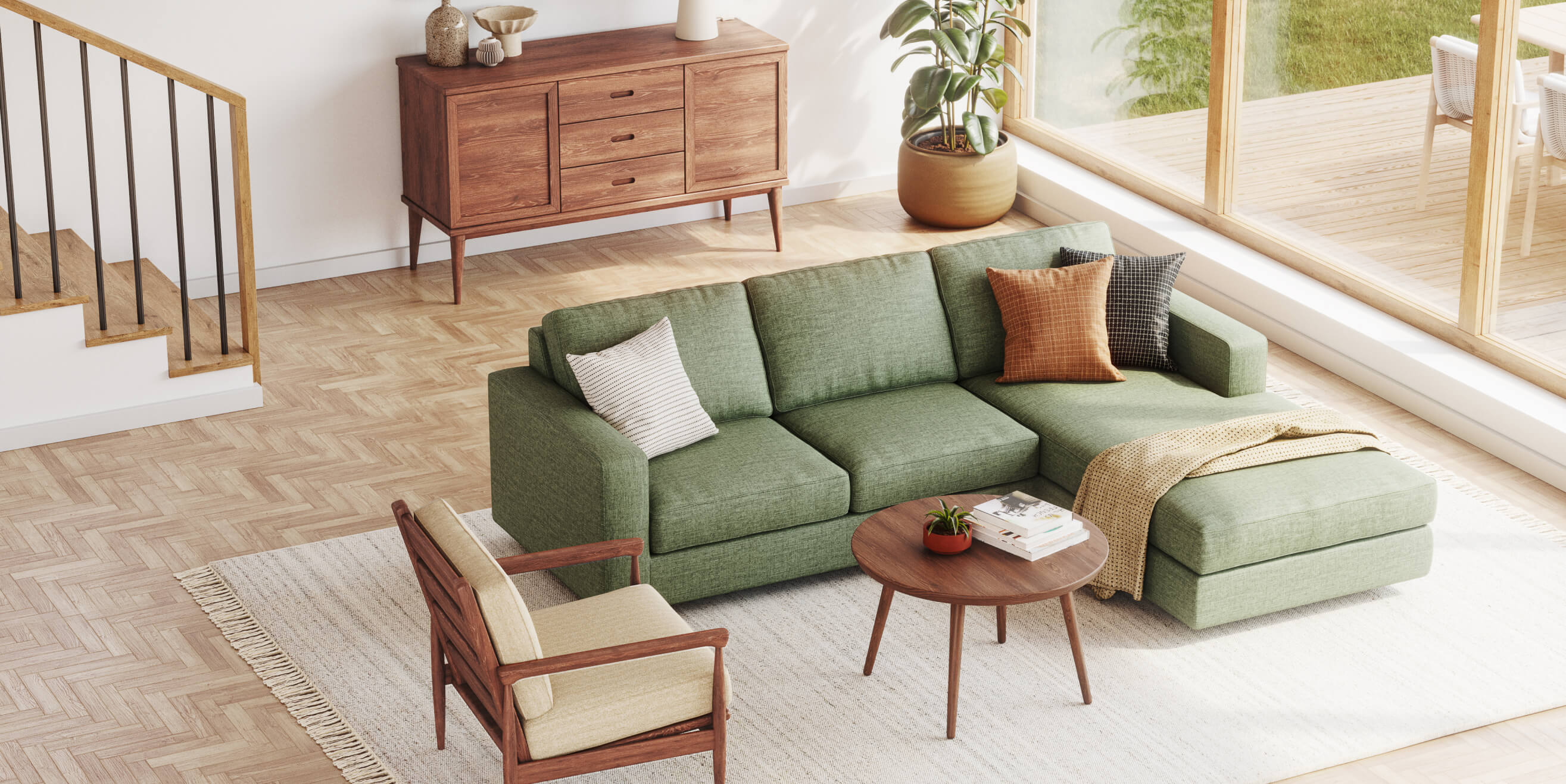 green rio chaise sectional in sunny living room