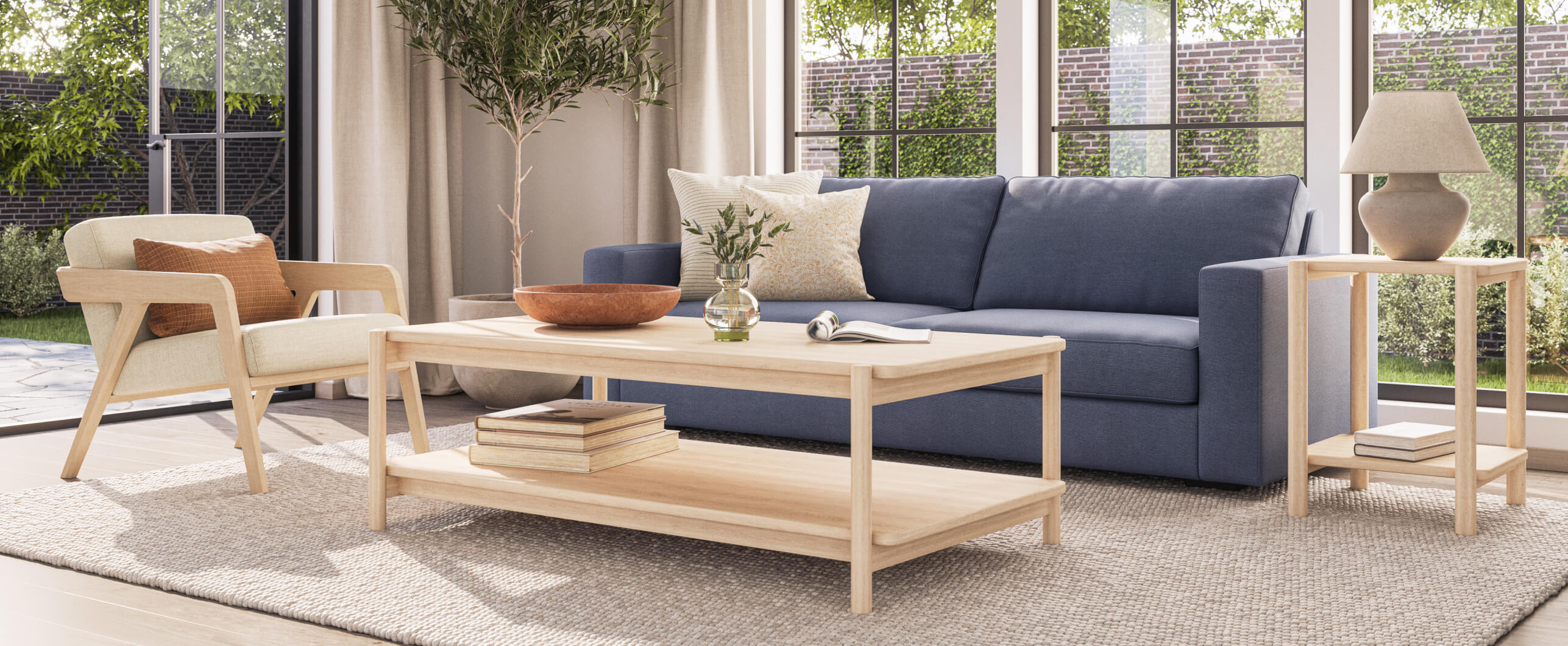 Blue Rio Sofa with maple furniture