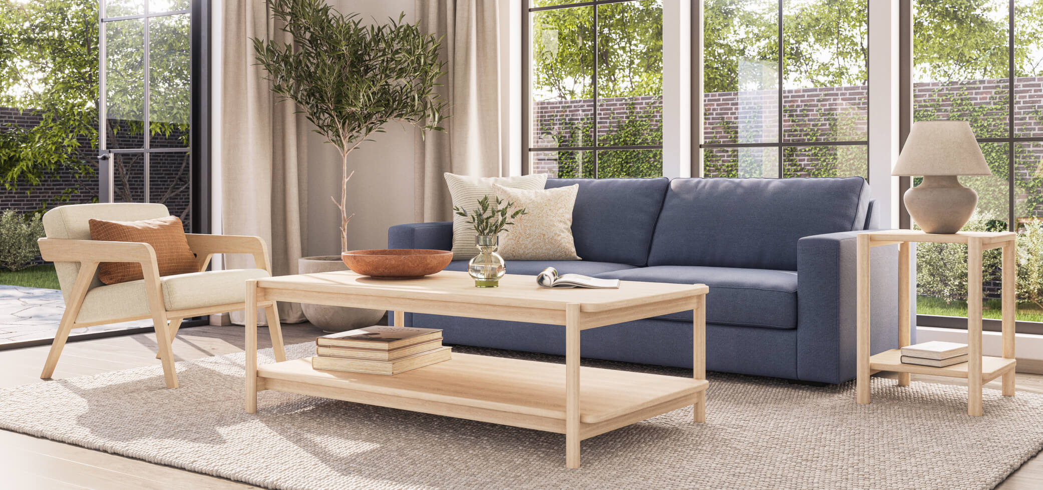blue rio sofa with maple furniture