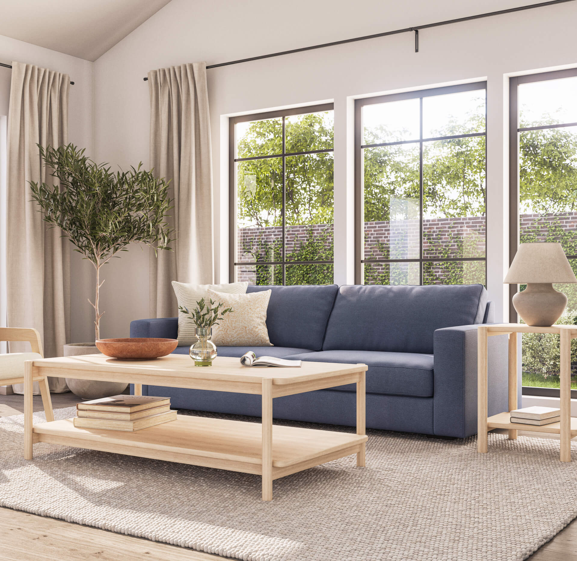 blue rio sofa with maple furniture