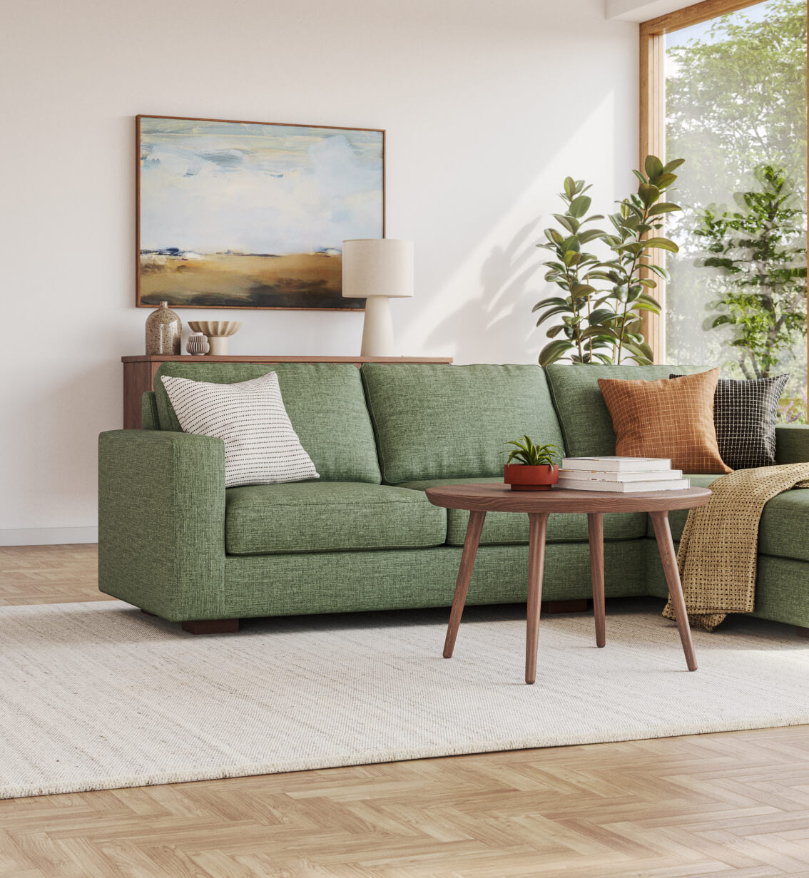 green rio chaise sectional in sunny living room