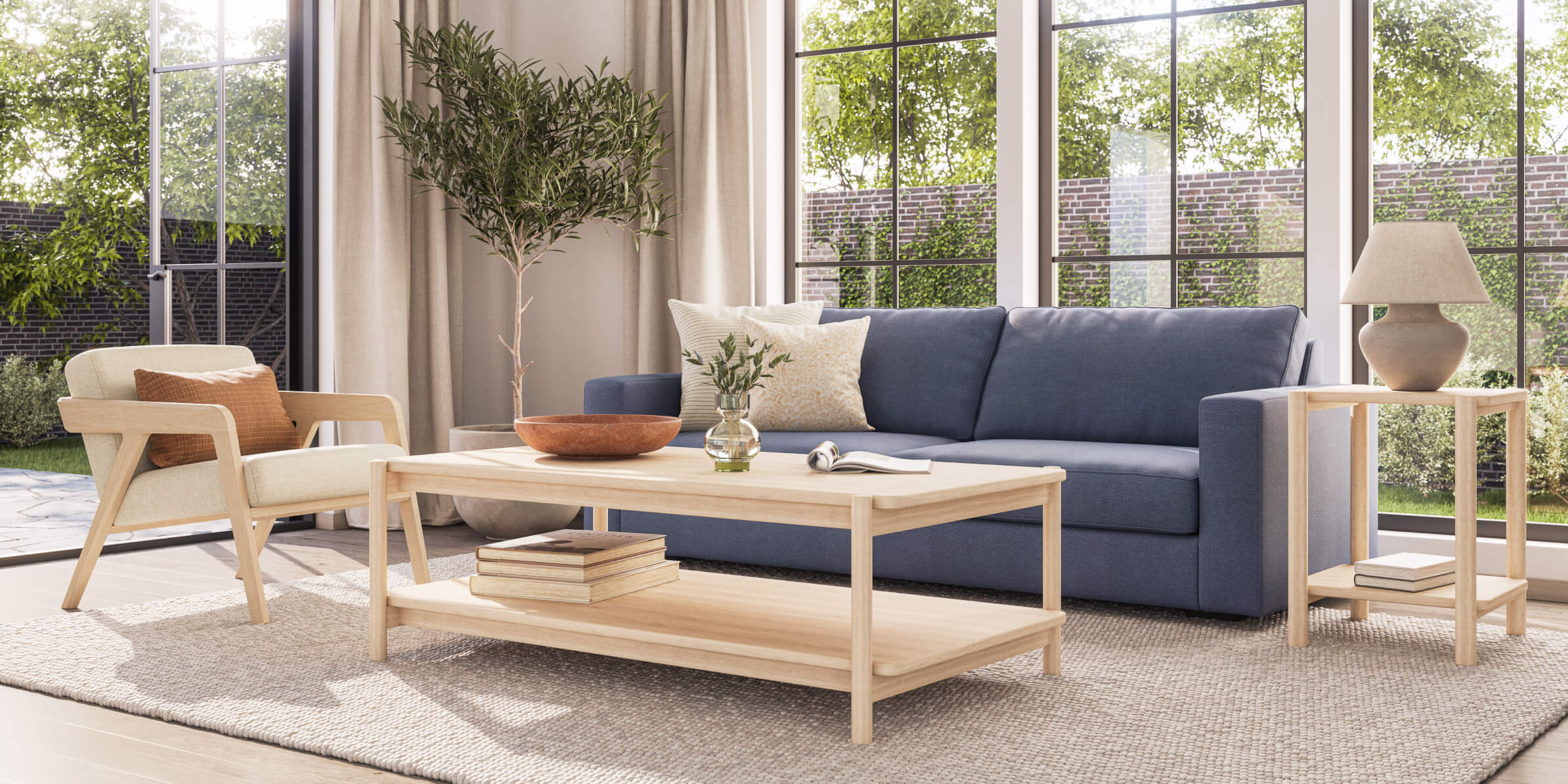 Blue Rio Sofa with Maple wood furniture in light-filled room