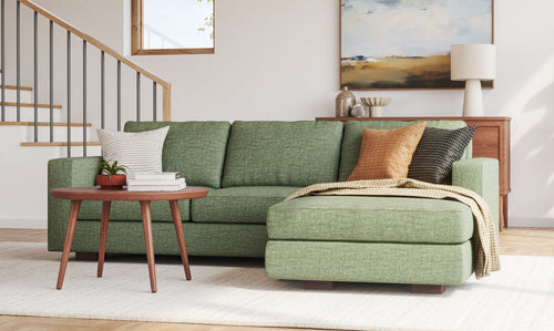 IRL: Shown in Juneberry Tarragon fabric with Voya Coffee Table in walnut wood