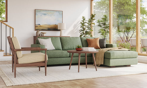 IRL: Shown in Juneberry Tarragon fabric with Voya Coffee Table in walnut wood