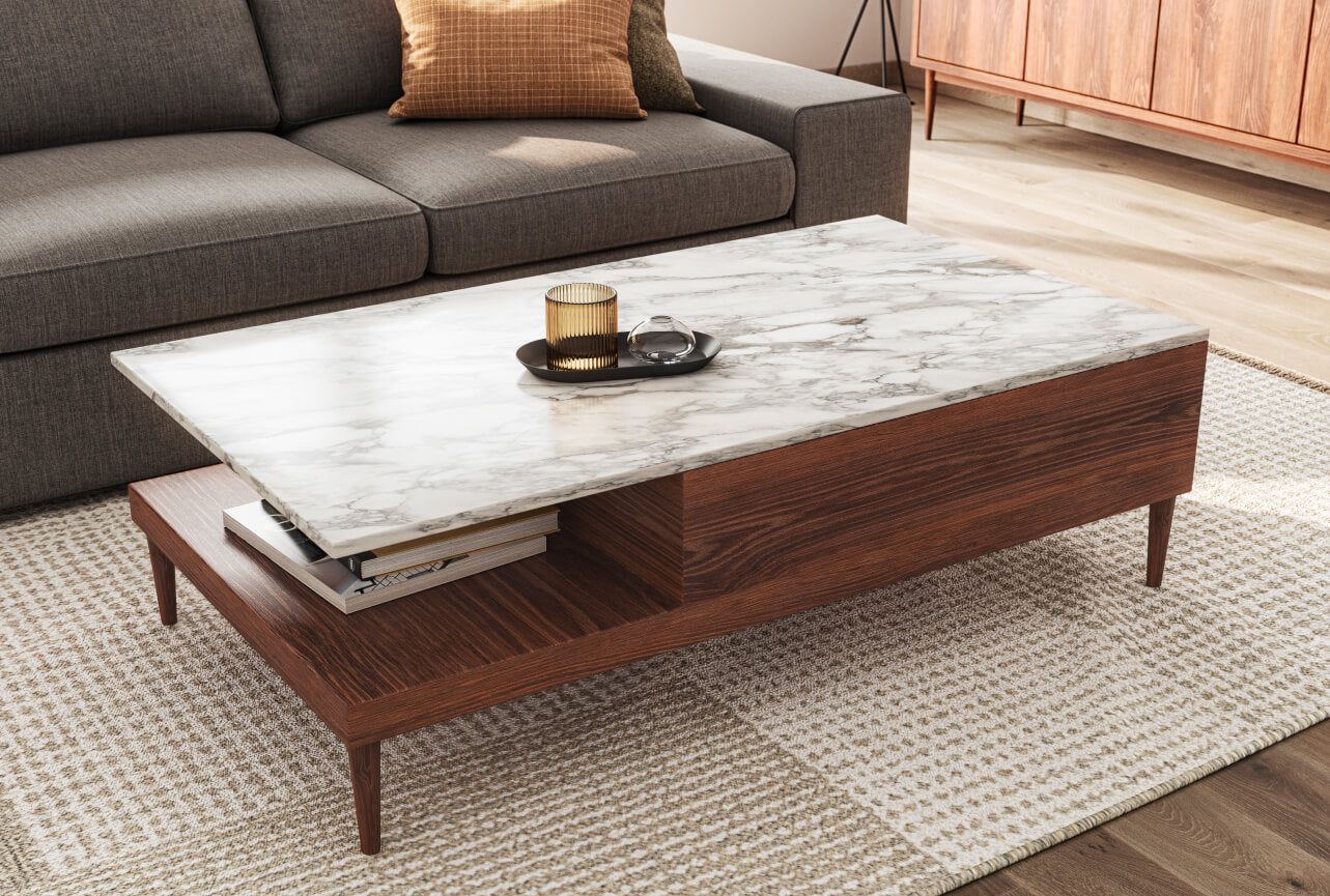 IRL: Sino Coffee Table in Walnut with Blumen Sofa, Emilia Credenza