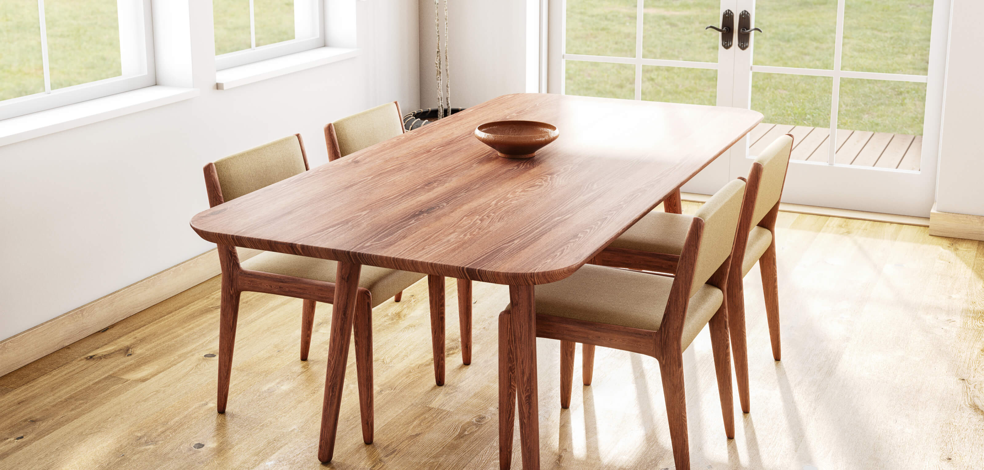 Voya dining table and chairs in walnut