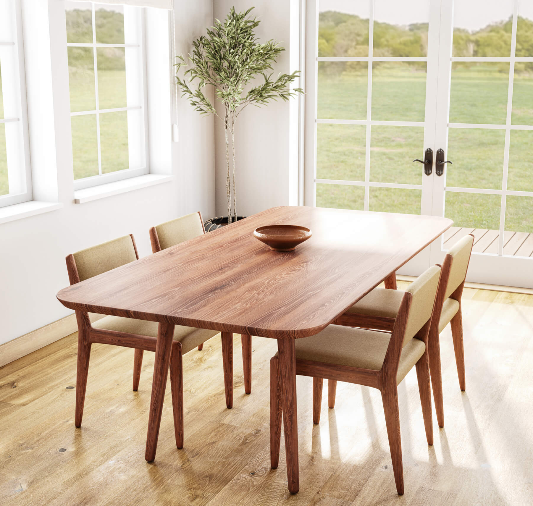 Voya dining table and chairs in walnut