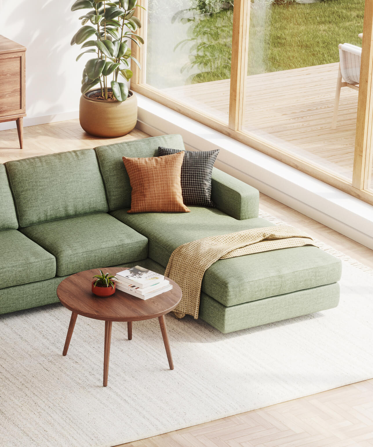 green rio chaise sectional in sunny living room