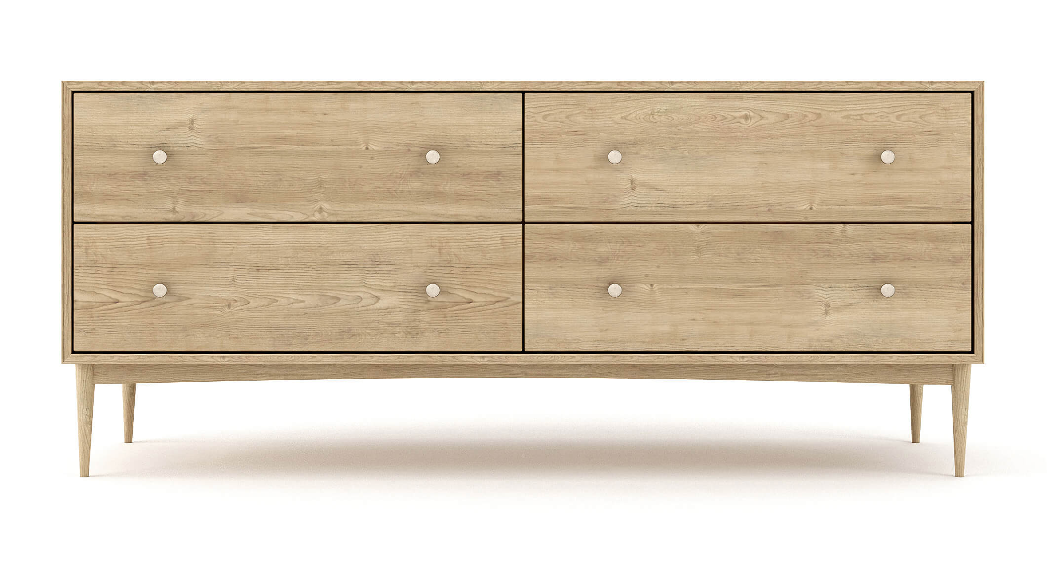 Atten 4-Drawer Wide Dresser shown in White Oak with Brass Knobs