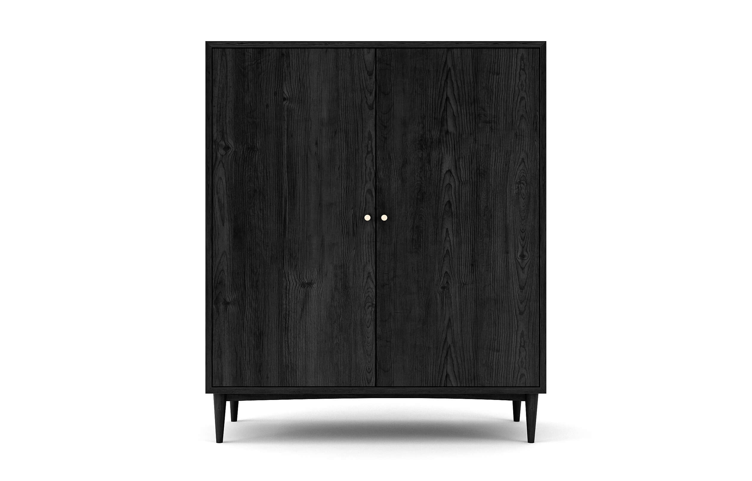 Atten Armoire shown in Black Oak with Brass Knobs