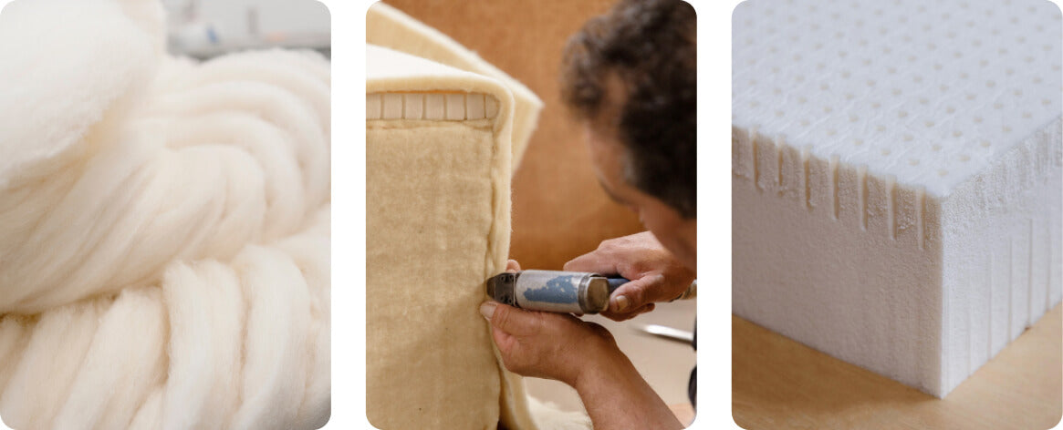 three images of wool, worker applying cushion foam to chair, and latex foam