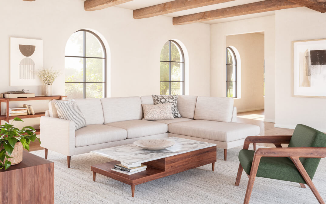 White Lala Bumper Sectional with walnut furniture accents