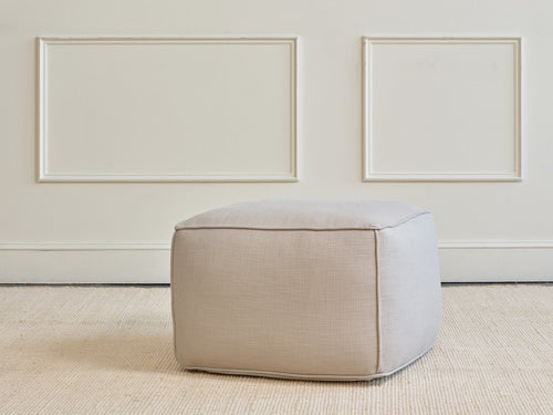 IRL: Mayer Pouf in Stonecrop Linen Natural fabric.