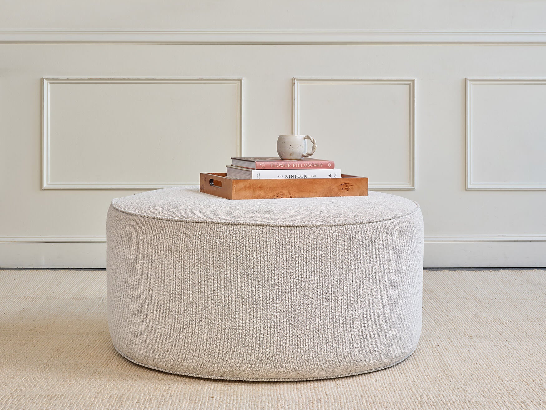 IRL: Norah Ottoman in Poplar Boucle Vanilla fabric