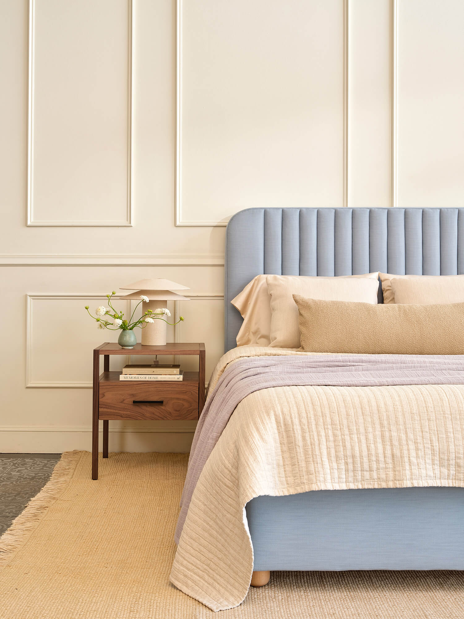 IRL: Pippen Bed shown in Larkspur Steel fabric