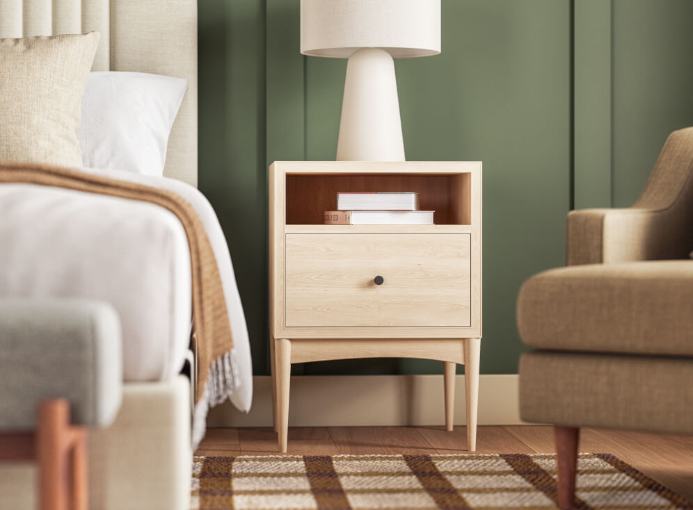 IRL: Atten Nighstand in maple with Pippen Bed in Alpine Oyster fabric