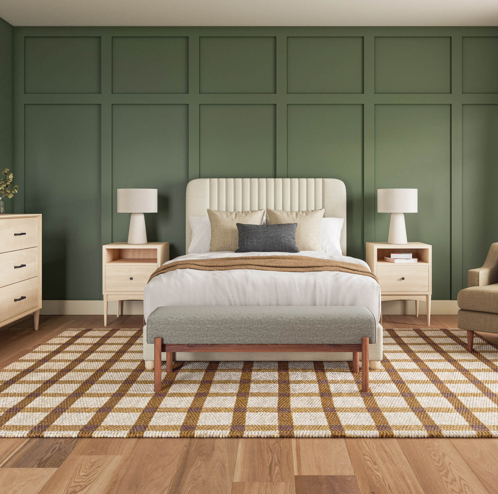 pippen upholstered bed in green bedroom with maple furniture and plaid rug