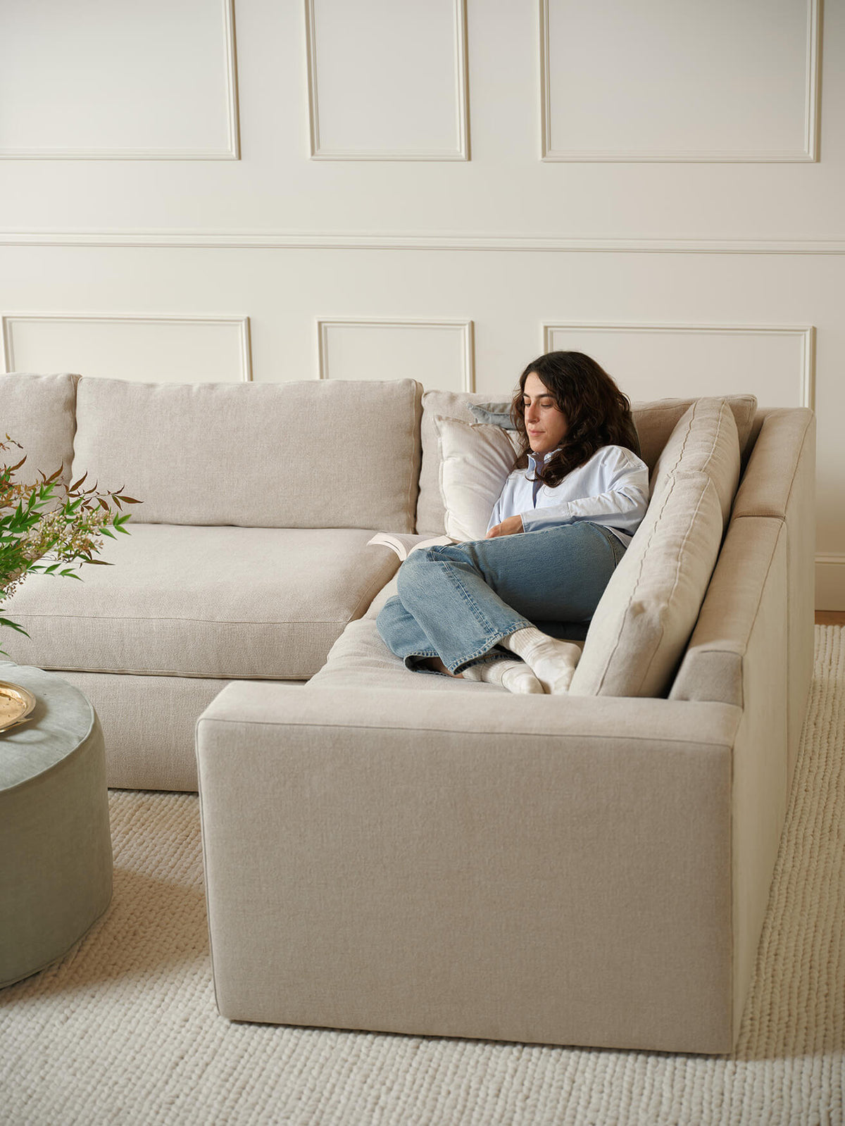 IRL: Rio Grand Modular Corner Sectional in Stonecrop Linen Flax fabric