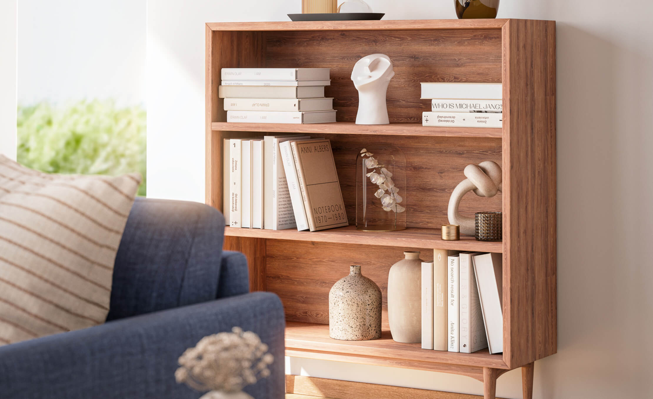 G: Anders Shelf shown in Walnut with the Lala Sofa in Smart Navy