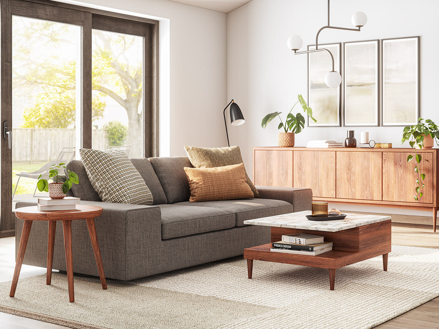 IRL: Shown in Walnut wood with Blumen Sofa in Smart Aluminum fabric and the Emelia 4-Door Credenza and Sino Coffee Table in walnut