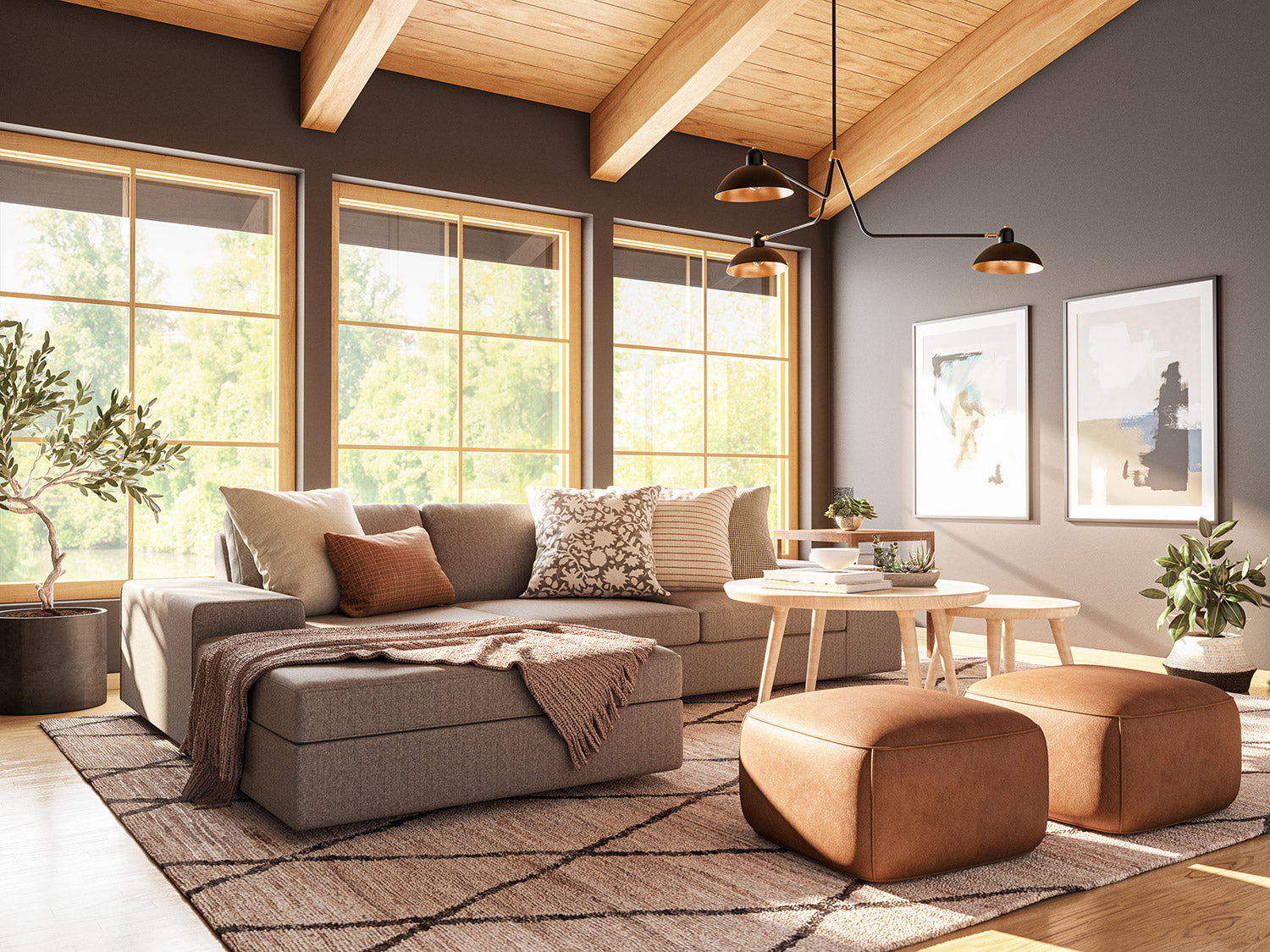 IRL: Voya Coffee & 16" Side Tables nested with the Mayer Poufs in Sundance Marigold leather, Blumen Chaise Left Sectional in Melton Feather fabric