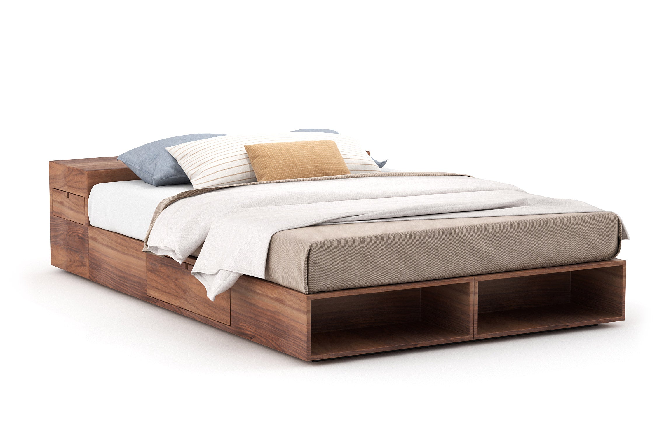 Buden Queen Bed in walnut wood with low headboard