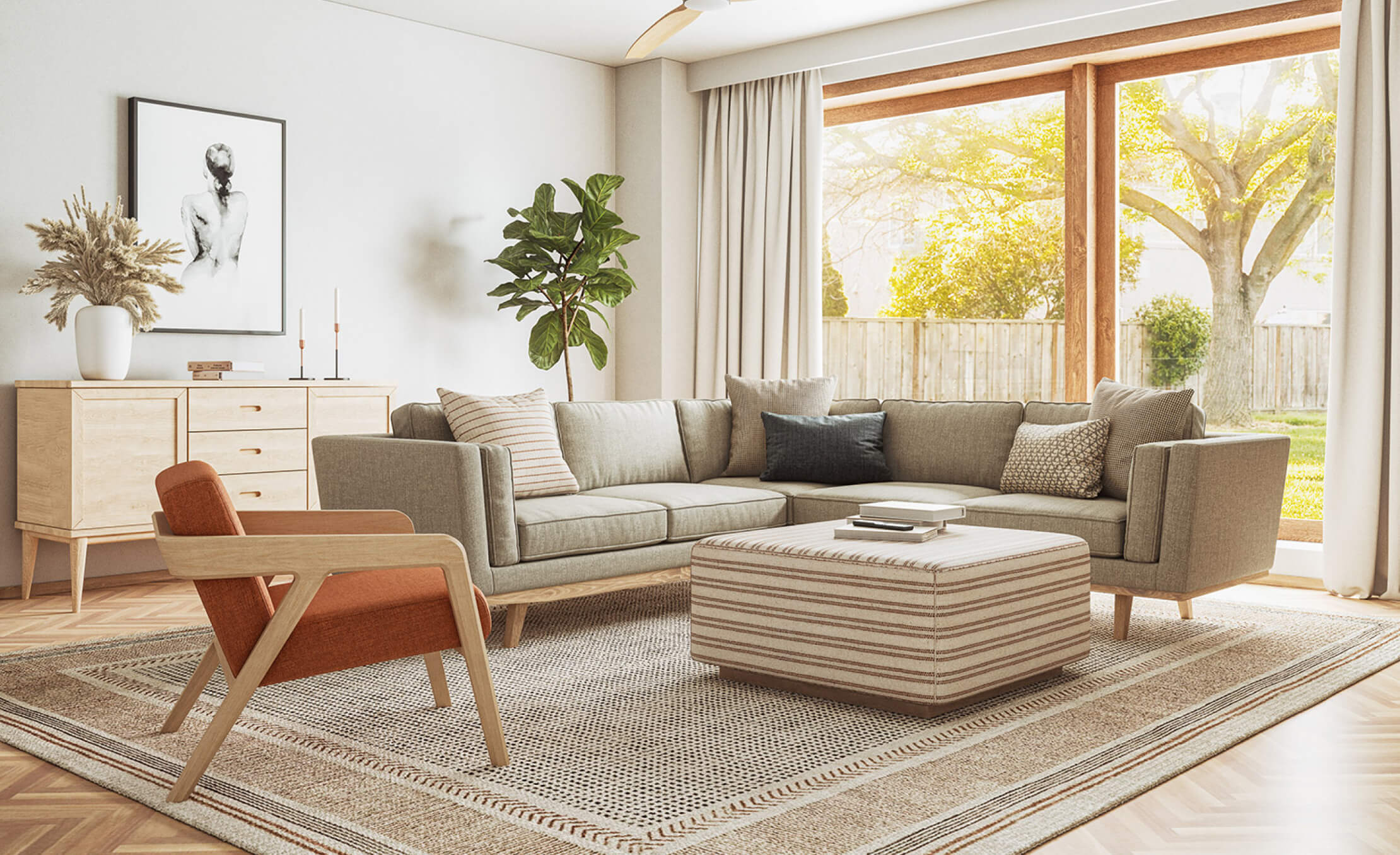 IRL: Shown in Maple wood with the Kirnik Corner Sectional in Smart Smoke fabric, Burr Accent Chair, Harlan Ottoman, and Lulu + Judge Throw Pillows