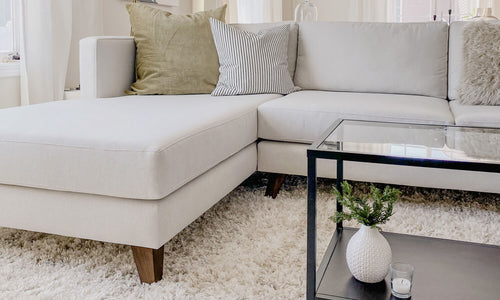 IRL: Mota Chaise Left Sectional in Alpine Oyster fabric and Zavis Cafe legs
